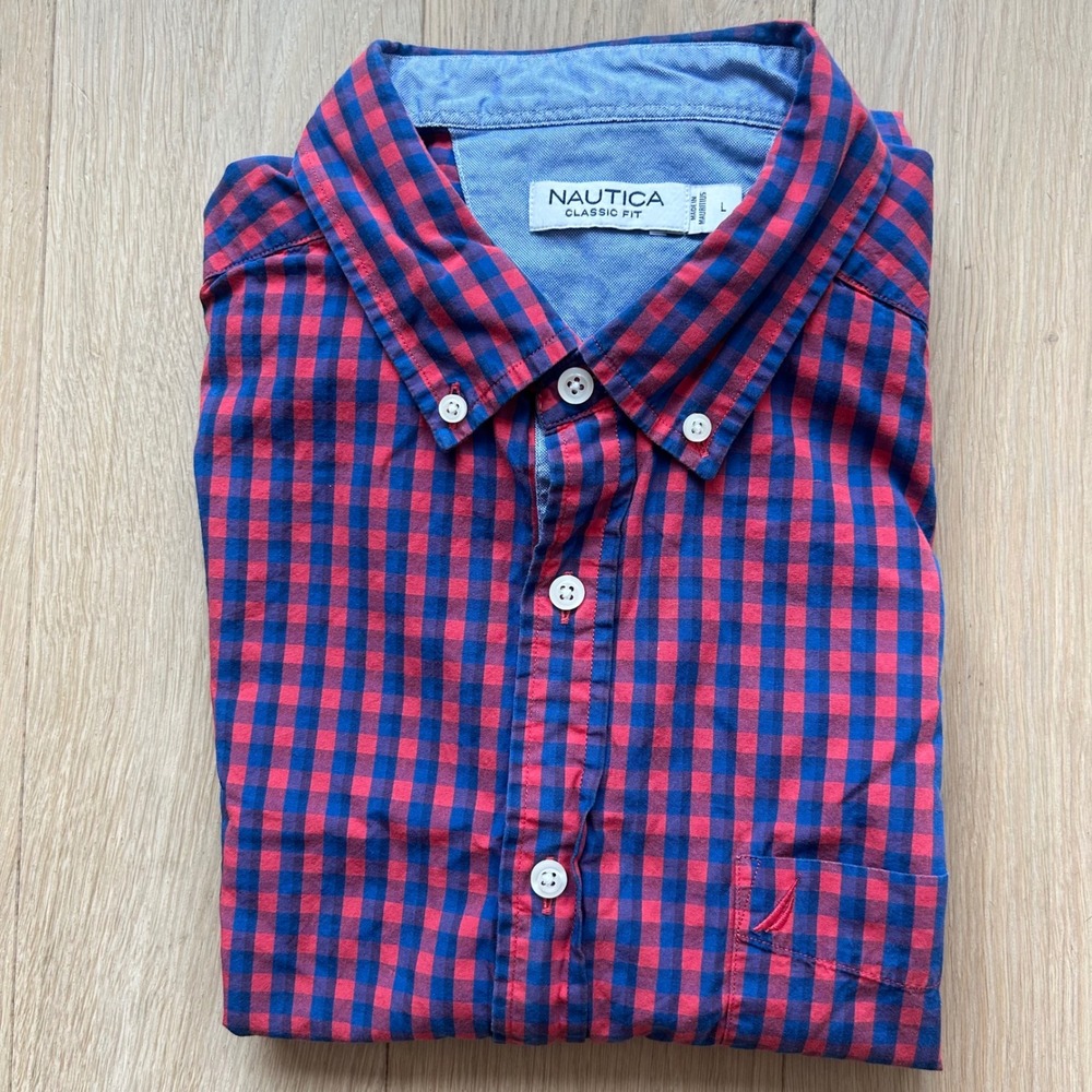 Nautica‎ Classic Fit Mens Red Blue Gingham Short Sleeve Button Down Shirt L